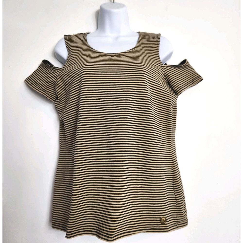 Michael Kors Top Womens Size Large Black Tan Stripe Cold Shoulder Stretch Knit L